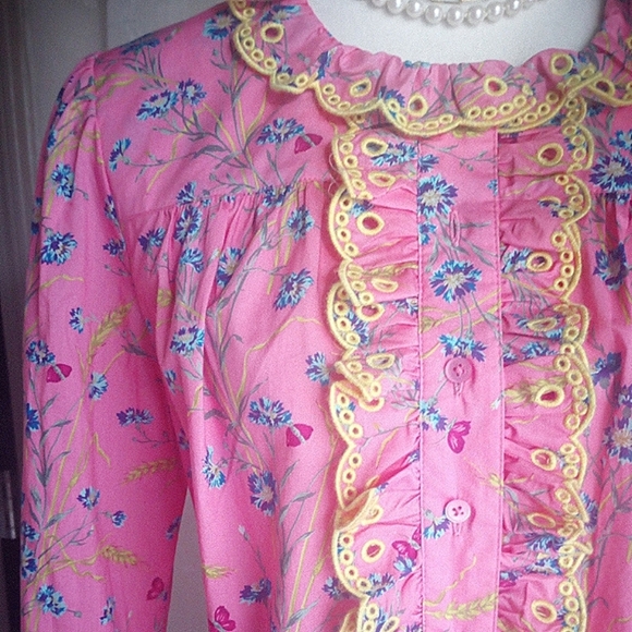 J. Crew Liberty Art Fabric Pink Floral Eyelet Trim Long Sleeve Blouse Size XS - Picture 4 of 14